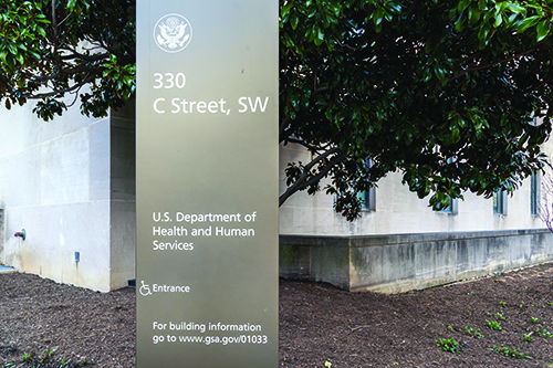 The sign outside of the U.S. Department of Health and Human Services building.