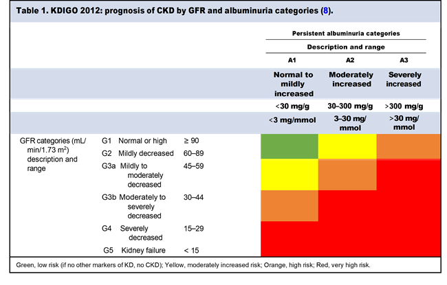Table 1. KDIGO 2012: prognosis of CKD by GFR and albuminuria categories
