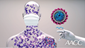 A hand injects the coronavirus vaccine into a transparent masked person whose body is full of purple antibodies and some coronavirus particles