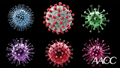 Various coronavirus molecules in front of a black background