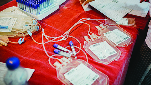 Unfilled blood bags and blood collection tubes on a red table