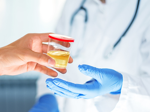 A patient handing a urine sample to a doctor