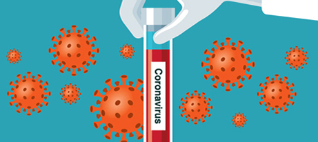 An illustration of a gloved hand holding a test tube labeled coronavirus in front of blue background populated with representations of the SARS-CoV-2 virus