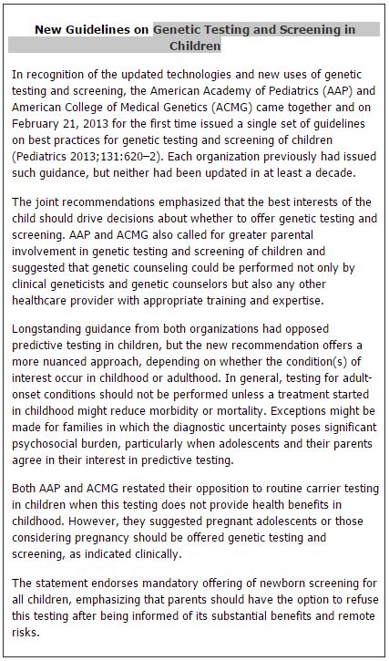 New Guidelines on Genetic Testing and Screening in Children