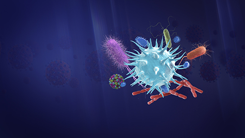 A pathogen in front of a dark blue background